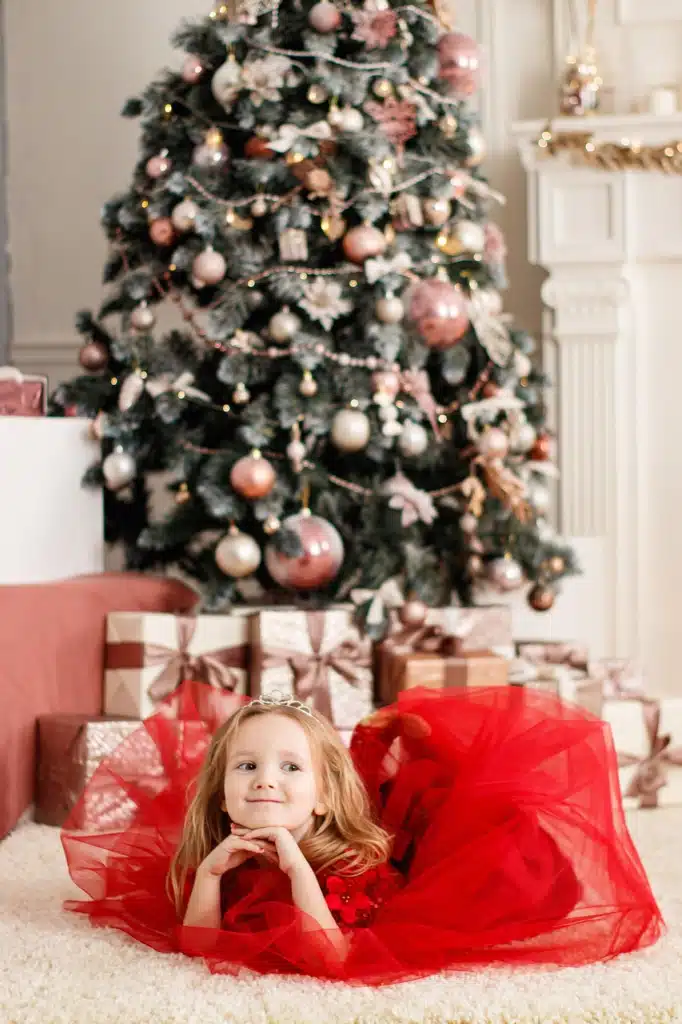 child, girl, christmas, red dress, fashion, smile, happy, kid, childhood, young, cute, pose, portrait, new year, new year's eve